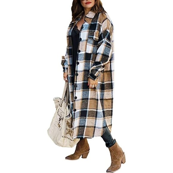 CASUAL Khaki Plaid Button Down Long Puff Sleeve Trench Coat Jacket Shacket Wool - Picture 9 of 10